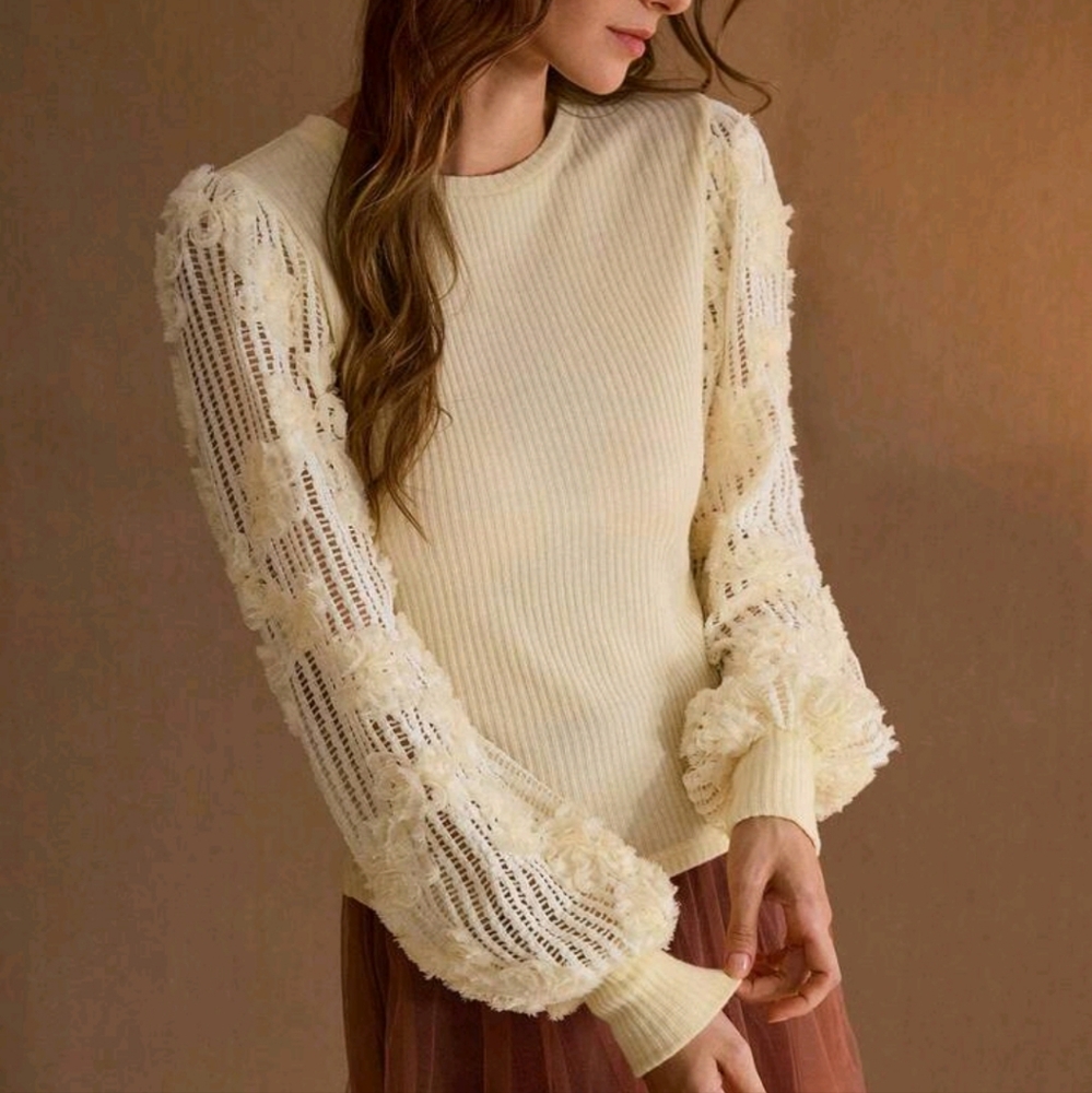WOMEN'S AUTUMN/WINTER KNITTED APPLIQUES CREW NECK T-SHIRT - Picture 2 of 4